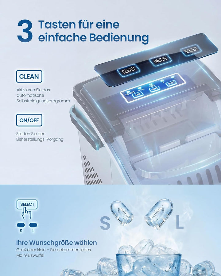 SONGMICS Eiswürfelmaschine, Eiswürfelbereiter, Eismaschine mit Selbstreinigung, in 6 Minuten 9 Würfe