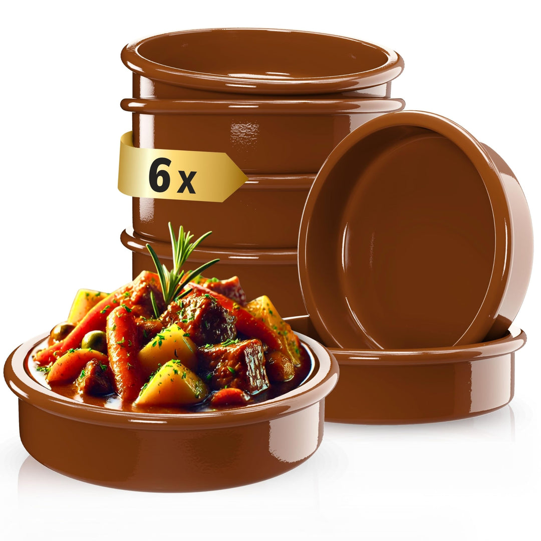 ToCi 6 x Tapas-Schalen Braun Ø 11,5 cm – Spanische Cazuela Schälchen aus Ton 175 ml - Kleine Auflauf