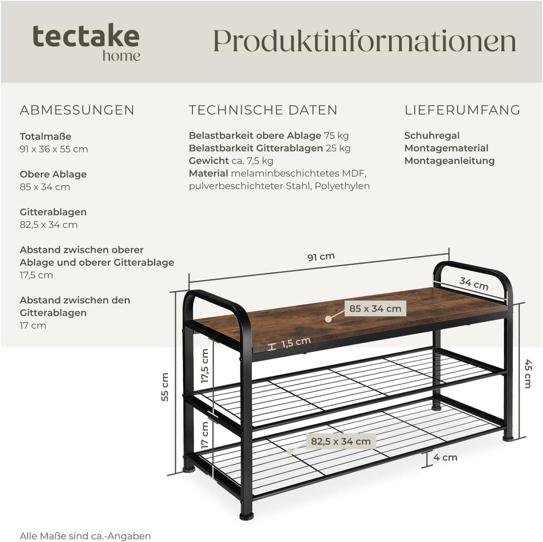 tectake® Schuhregal schmal mit Sitzfläche, Schuhbank 3 Ebenen, 2 Gitterablagen, Schuhregal platzspar