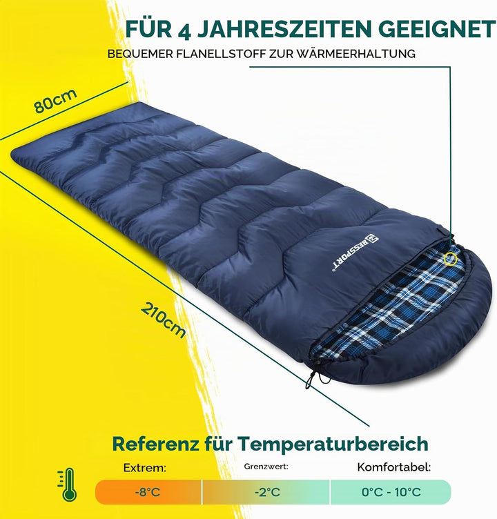 Bessport Schlafsack Flannel für Camping 3-4 Jahreszeiten - 10 °C-20°C | Winter Schlafsack Leichtgewi
