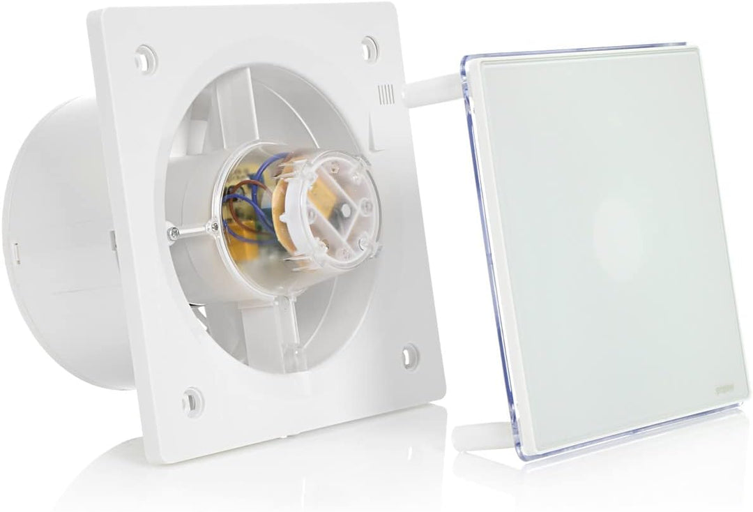 STERR Weisser Badlüfter 150 mm mit LED - Badezimmerventilator - Glasfront - Modernes Aussehen - BFS1
