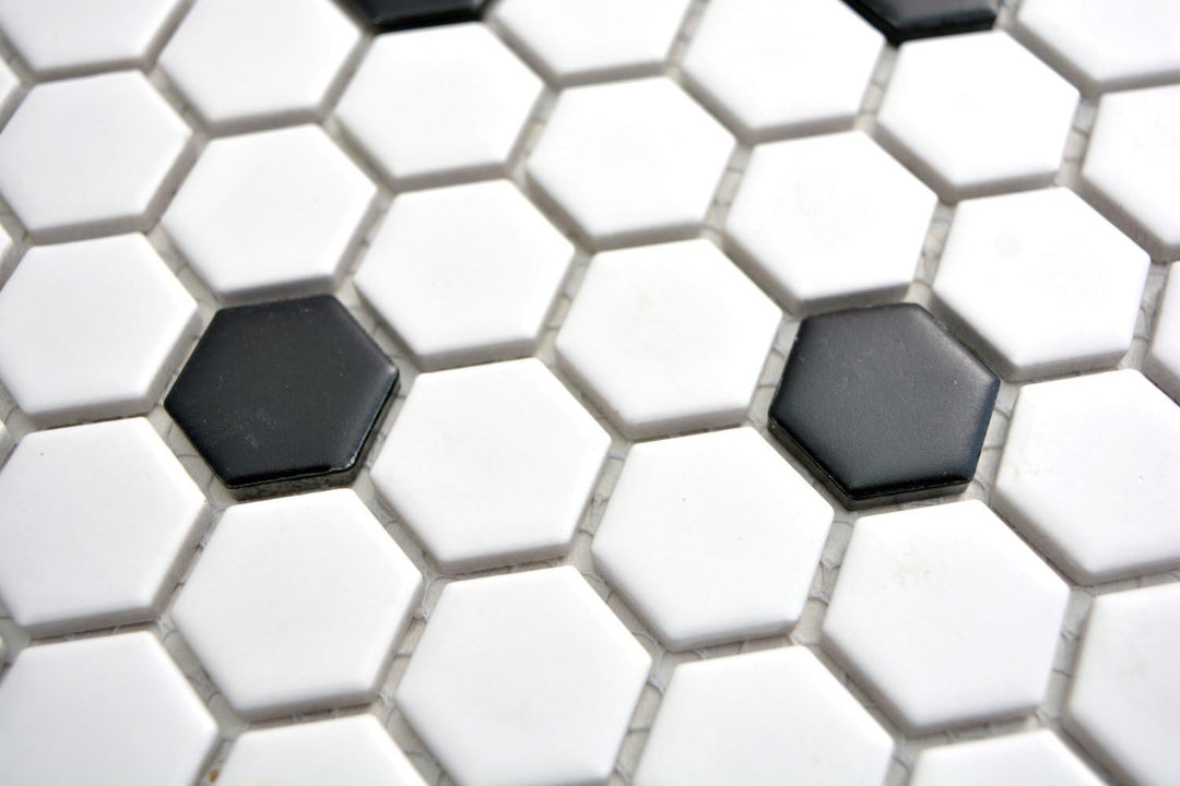 Mosaik Fliesen Mosaikfliesen Keramikmosaik Keramik Kachel Hexagon schwarz weiss matt | 10 Mosaikmatt