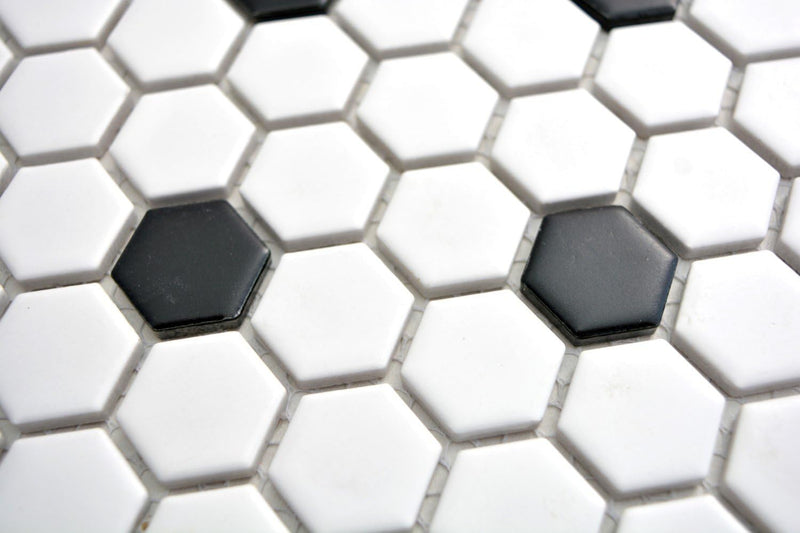 Mosaik Fliesen Mosaikfliesen Keramikmosaik Keramik Kachel Hexagon schwarz weiss matt | 10 Mosaikmatt