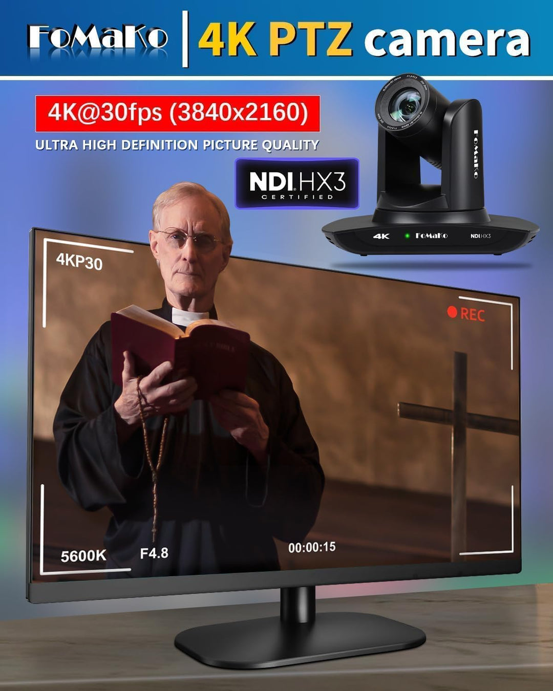 FoMaKo 4K PTZ NDI Kamera Set mit NDI PTZ Controller, NDI HX3 KI-Tracking 20x Optischer Zoom, mit HDM