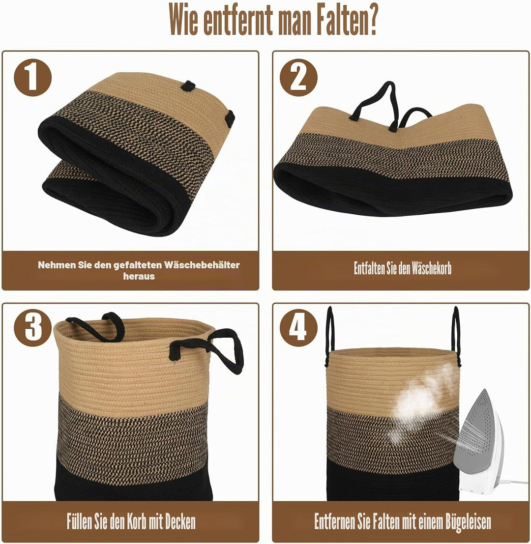 Withosent Wäschekorb Geflochten aus Baumwolle, 66L Wäschesammler mit Henkel, Laundry Baskets Aufbewa