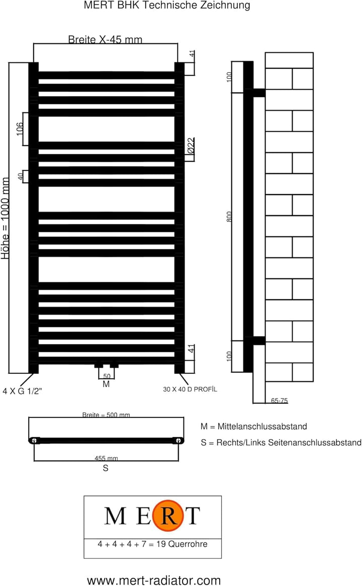 Badheizkörper Weiss 500x1000 mm – Handtuchheizkörper mit Mittelanschluss – Design Heizkörper Badezim