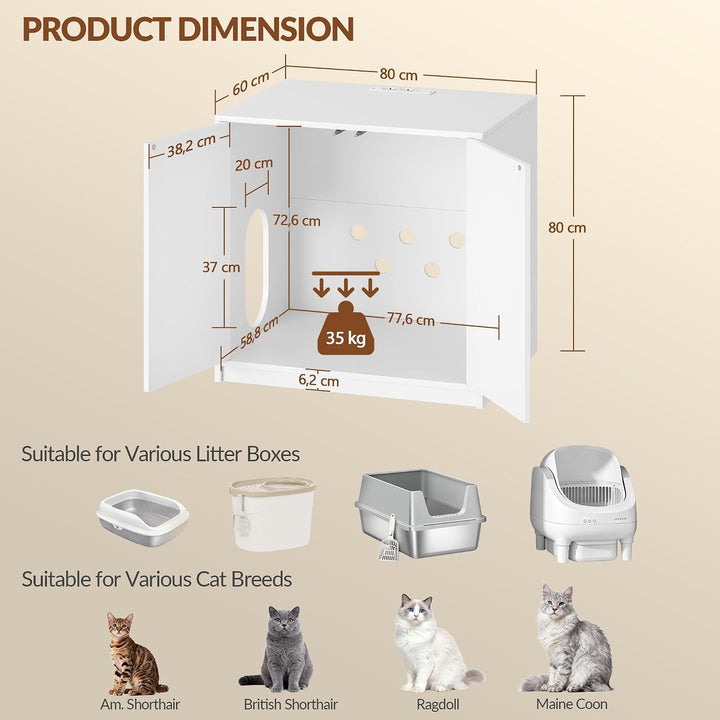 Katzenklo Schrank Versteckt mit Steckdosen, 80 x 60 x 80 cm, Weiss | Katzenschrank Möbel mit USB, fü