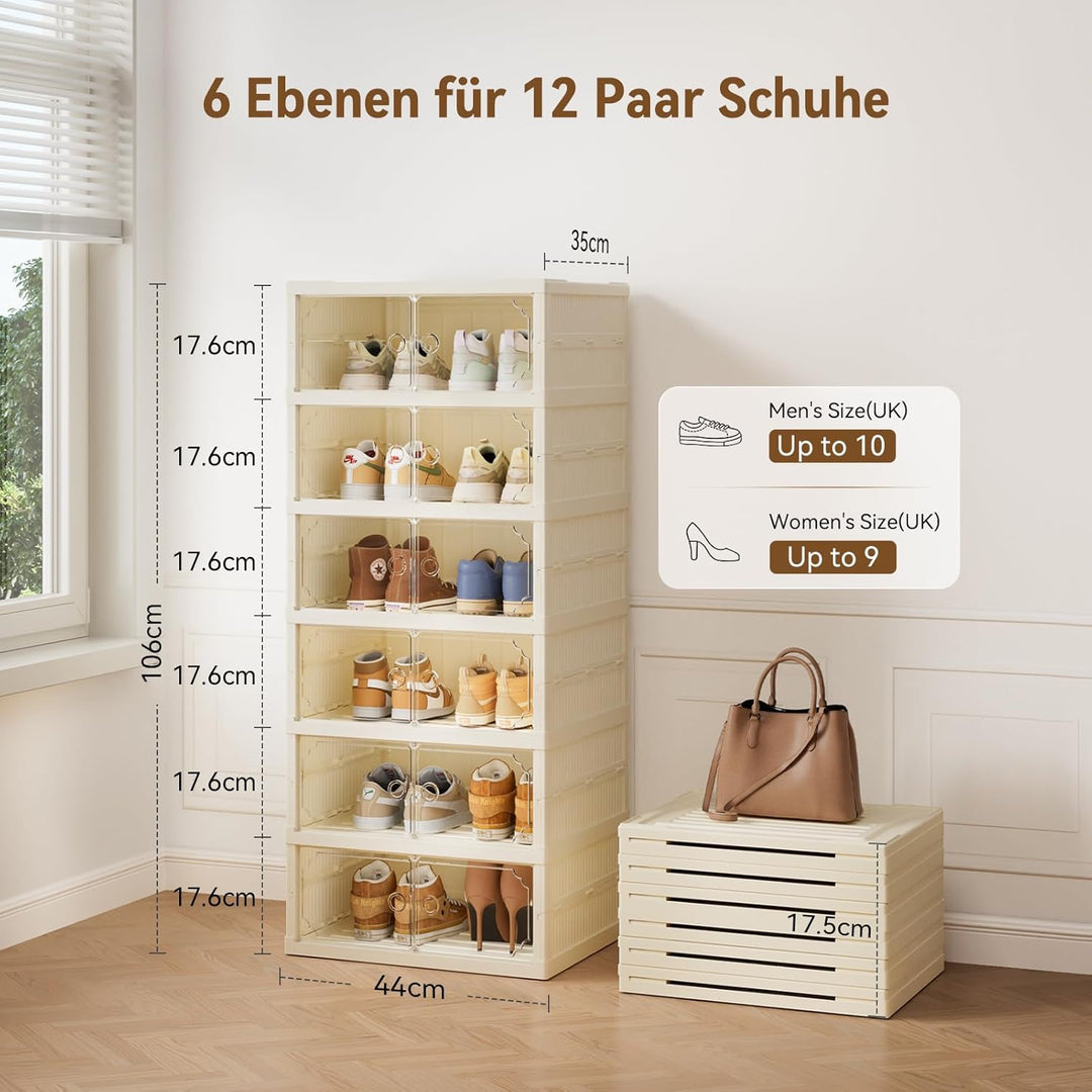 Schuhboxen Stapelbar Transparent, 6 Etagen Faltbarer Schuhschrank für 12 Schuhe Kunststoff Schuhaufb