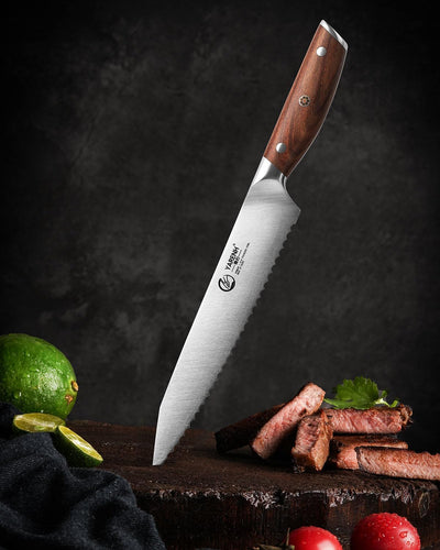 YARENH Küchenmesser Brotmesser Scharf - Wellenschliff - 20 cm Edelstahl Klingen und Holzgriff Brotme