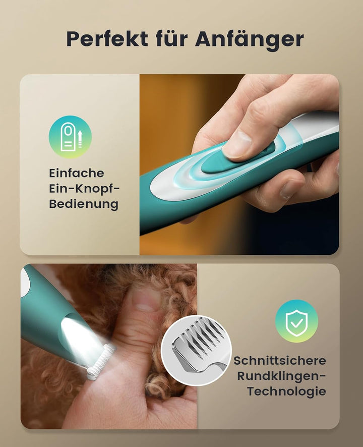 oneisall Pfotentrimmer für Hunde extra leise, Kabeloser Hundepfoten Trimmer mit LED-Licht, Wiederauf