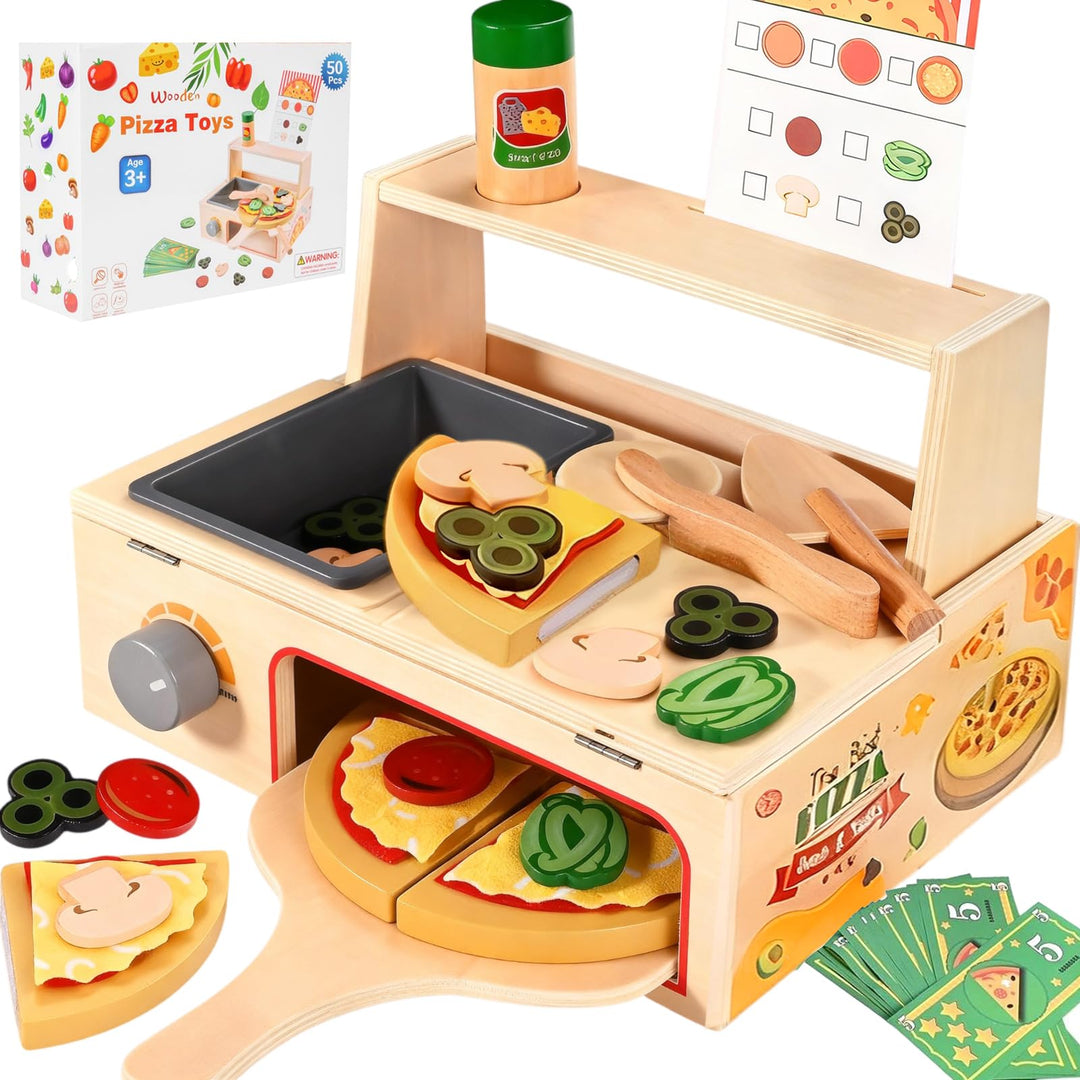 Pizza Holzspielzeug Kinderküche, Spielküche Zubehör Holz, 50PCS Pizzaofen mit Pizzaschneider, Küchen