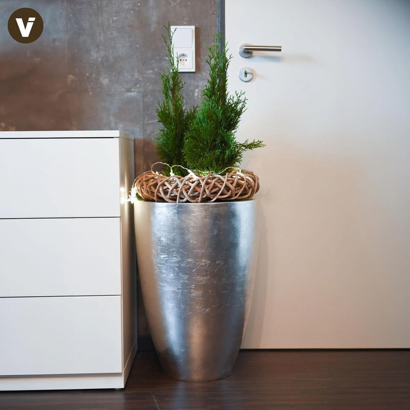 VIVANNO Pflanzkübel Pflanzgefäss Blumenkübel exklusiv Fiberglas Silber Opala - 72 x 52 cm