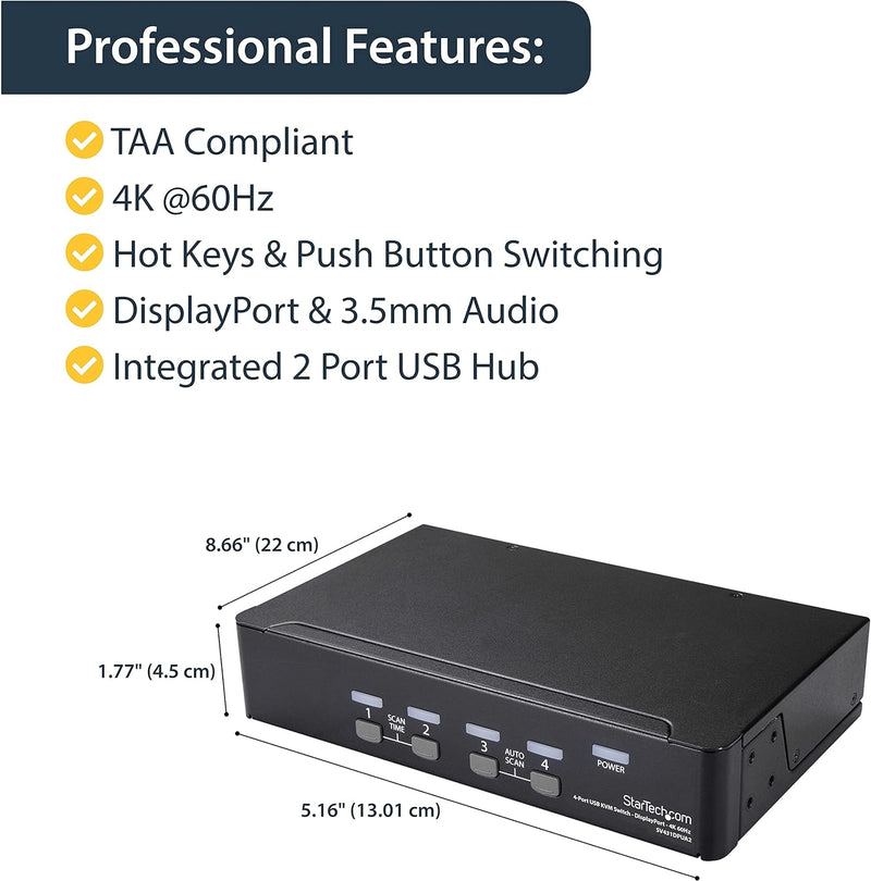 StarTech.com 4 Port DisplayPort KVM Switch - 4K 60Hz - Einzelner DP 4K Bildschirm - Vier Port UHD DP