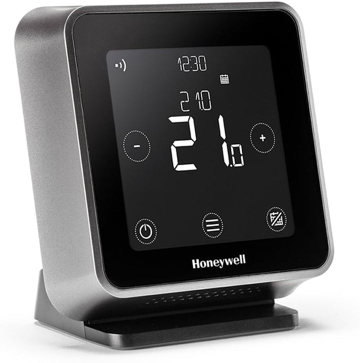 Honeywell Home T6R Wi-Fi Raumthermostat mit Tischhalter, Netzteil und Funk-Empfängerbox, schwarz, Y6