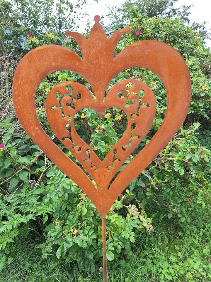 Bornhöft Gartenstecker Herz mit Krone 118cm Metall Rost Gartendeko Edelrost rostige Deko