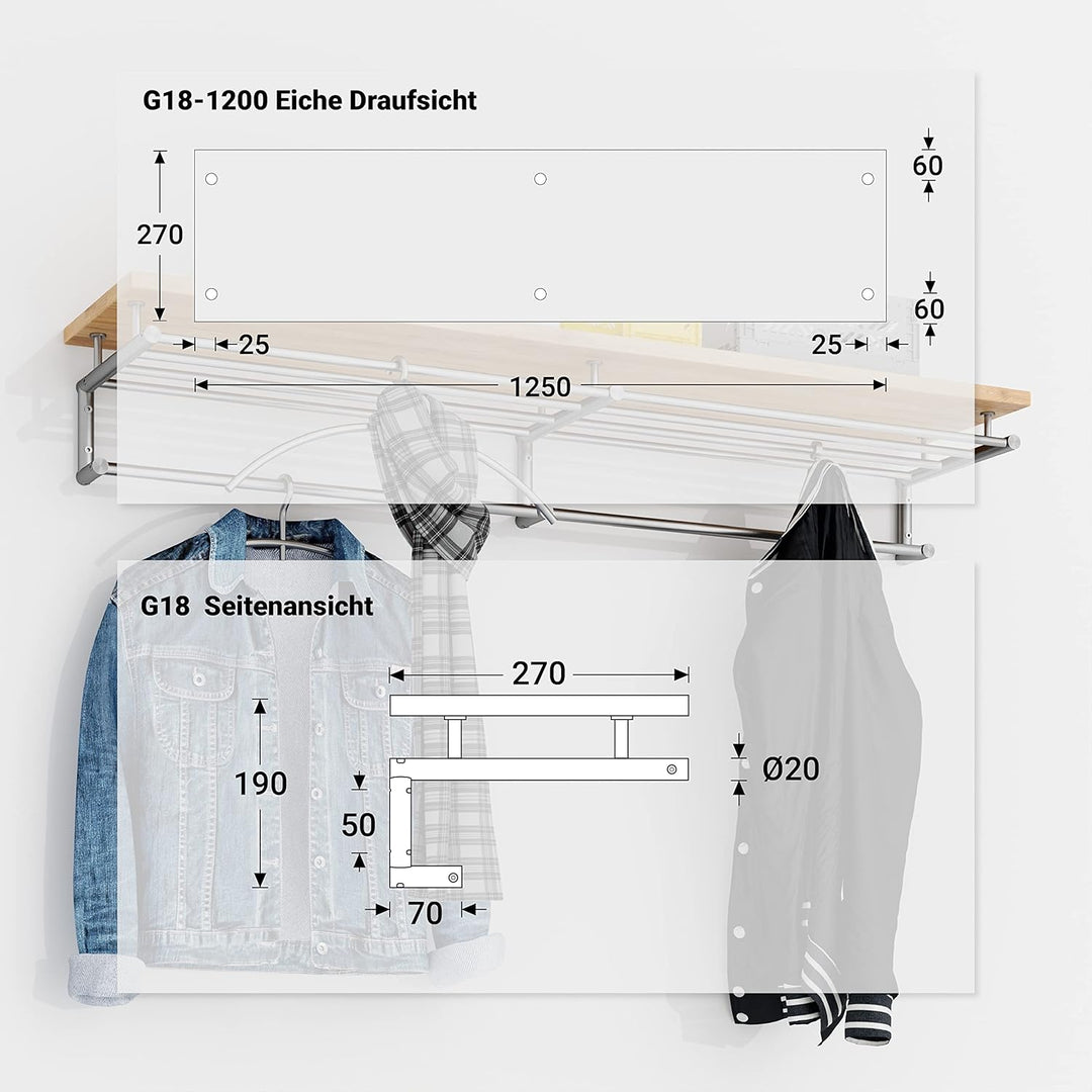 PHOS Design, G18-1200-Eiche, 120 cm Edelstahl Wandgarderobe mit Kleiderstangen und einer Ablage aus