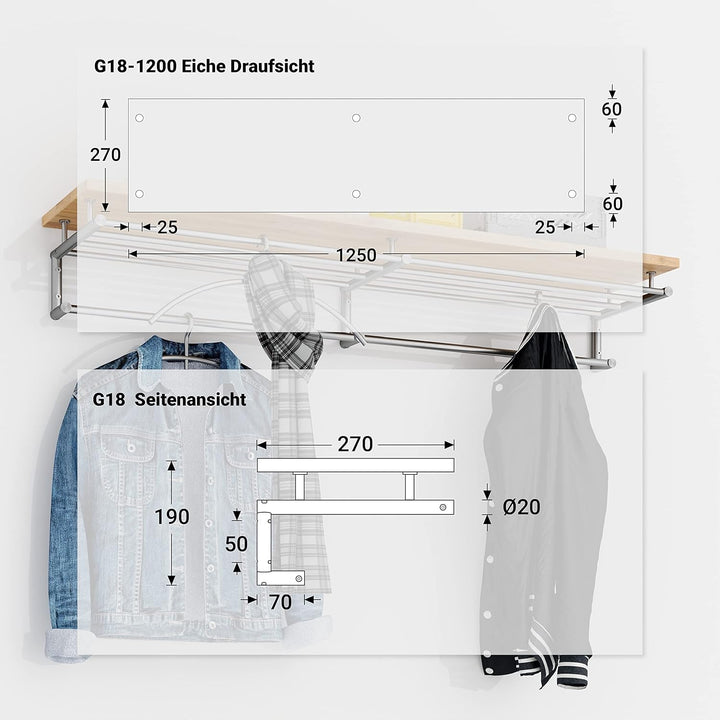 PHOS Design, G18-1200-Eiche, 120 cm Edelstahl Wandgarderobe mit Kleiderstangen und einer Ablage aus