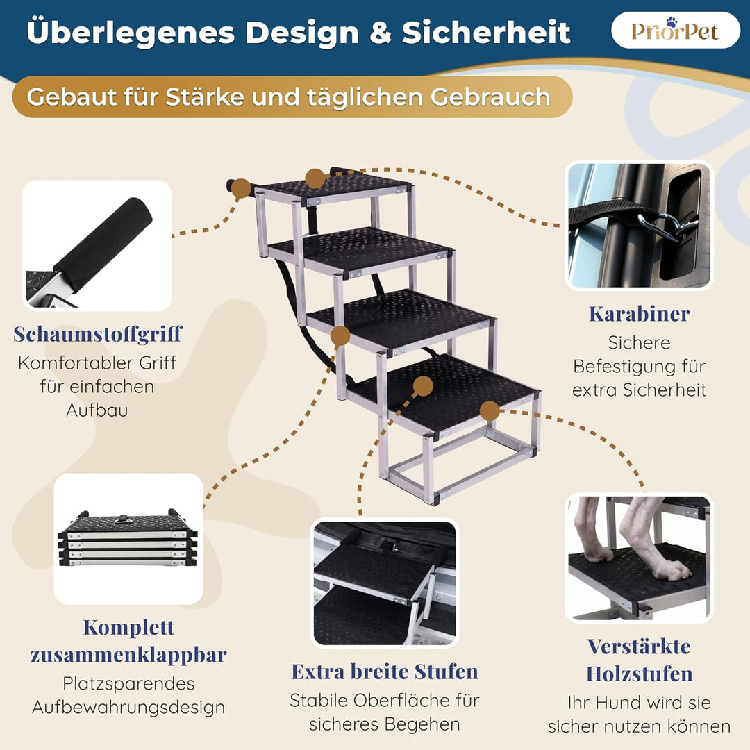 Hundetreppe Auto Klappbar – 4, 5 oder 6 Stufen für niedrige bis hohe Kofferraumhöhen (63–81 cm) – Fü