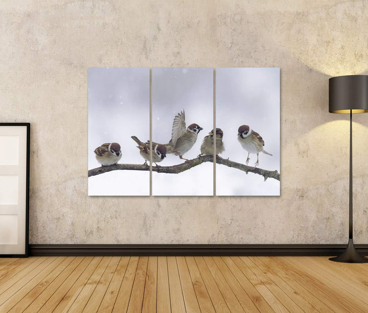 islandburner Bild auf Leinwand Spatzen Winter Verschneit Bilder Wandbilder Poster, Leinwand 130x80cm