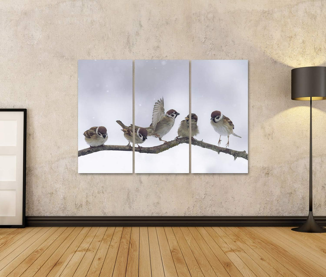 islandburner Bild auf Leinwand Spatzen Winter Verschneit Bilder Wandbilder Poster, Leinwand 130x80cm