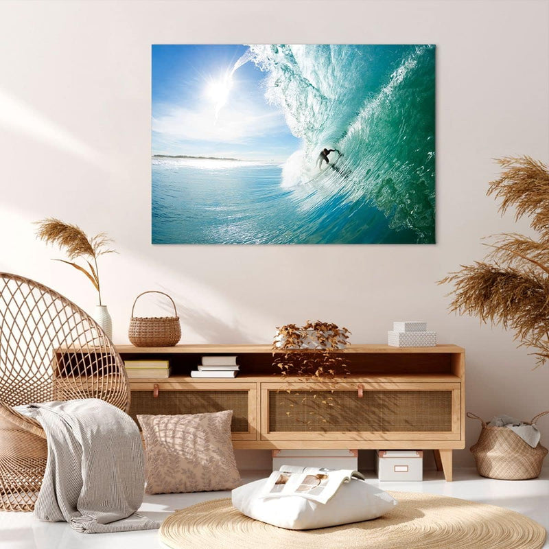 Bilder auf Leinwand 100x70cm Leinwandbild Abenteuer surfer welle ozean Gross Wanddeko Bild Schlafzim