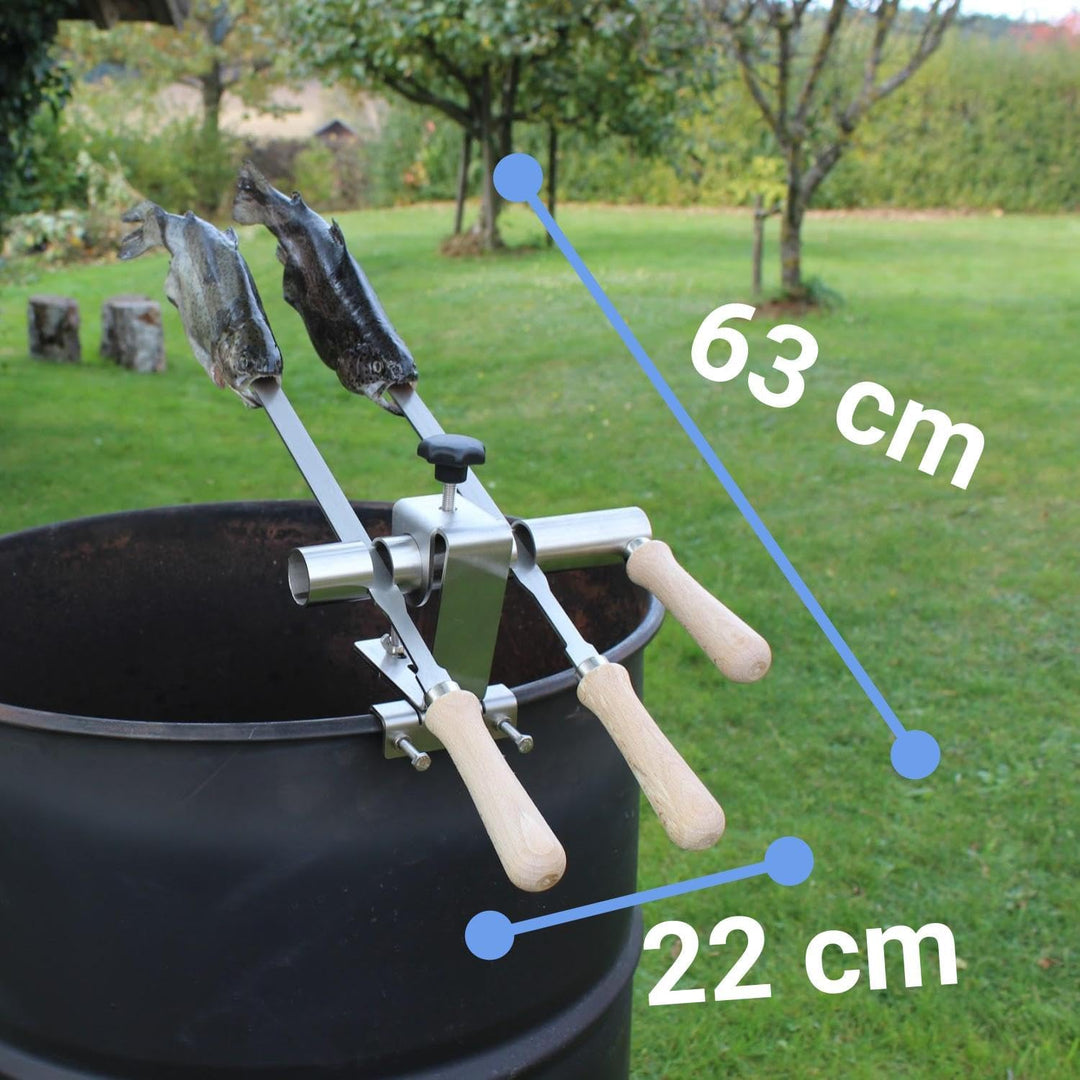 Premium Steckerlfisch Halter für Feuerschale - Platz für 2 Fische - Fisch Grill Aufsatz passt auf je