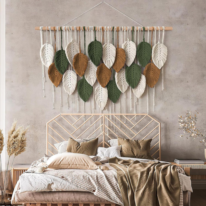 Weldomcor Grosser Wandbehang Wandteppich, Boho Makramee Gewebte Handgemachte Quaste Blatt Tapisserie