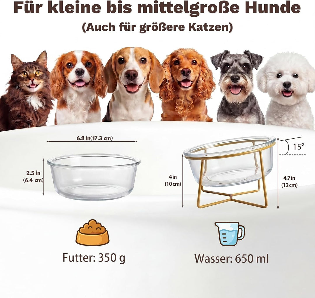 Futternapf Hund Erhöht aus Glas - Hundenapf mit Metallständer - Fress- und Wassernapf für Kleine bis