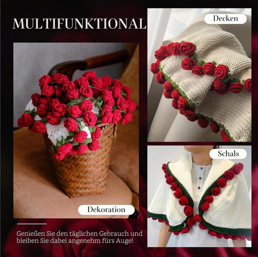 iyoimono Blumenstrauss Decke Fertige Rose Straussdecke Handgestrickte Häkeldecke Überwurfdecke Blume
