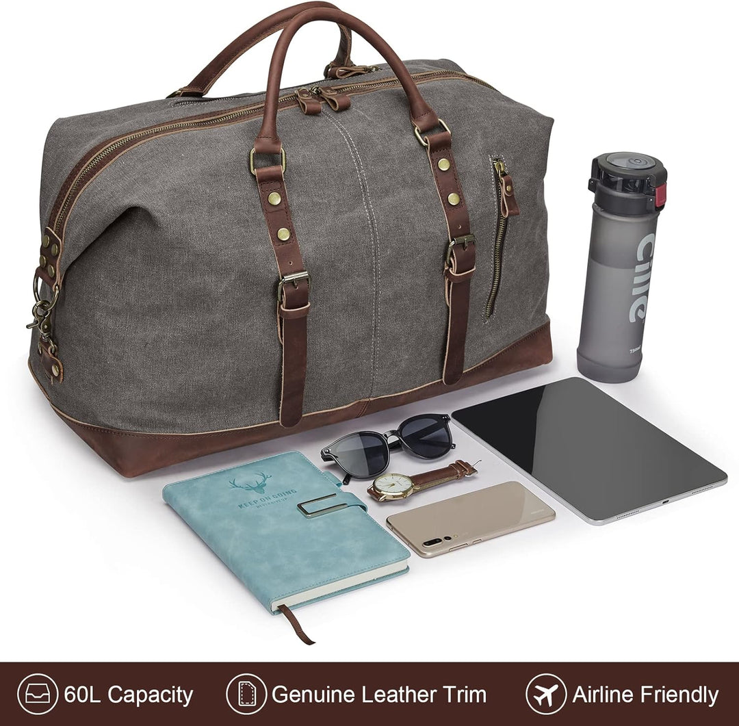 S-ZONE Reisetasche 52-55L Vintage Canvas Crazy Horse Leder Trim Unisex Handgepäck Weekender Tasche S