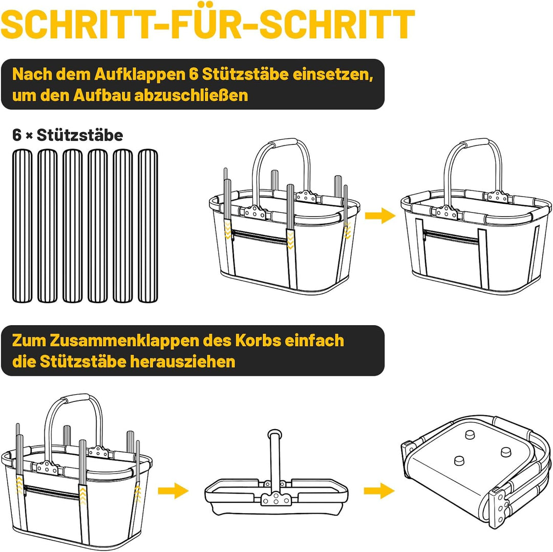 Einkaufskorb Faltbar 35L, Tragekorb aus 600D Oxford, 6 Stützstangen