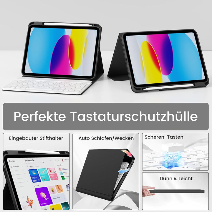 Hülle mit Tastatur für iPad 11/10 Generation mit Stifthalter, Magnetisch Abnehmbare Kabellose Blueto