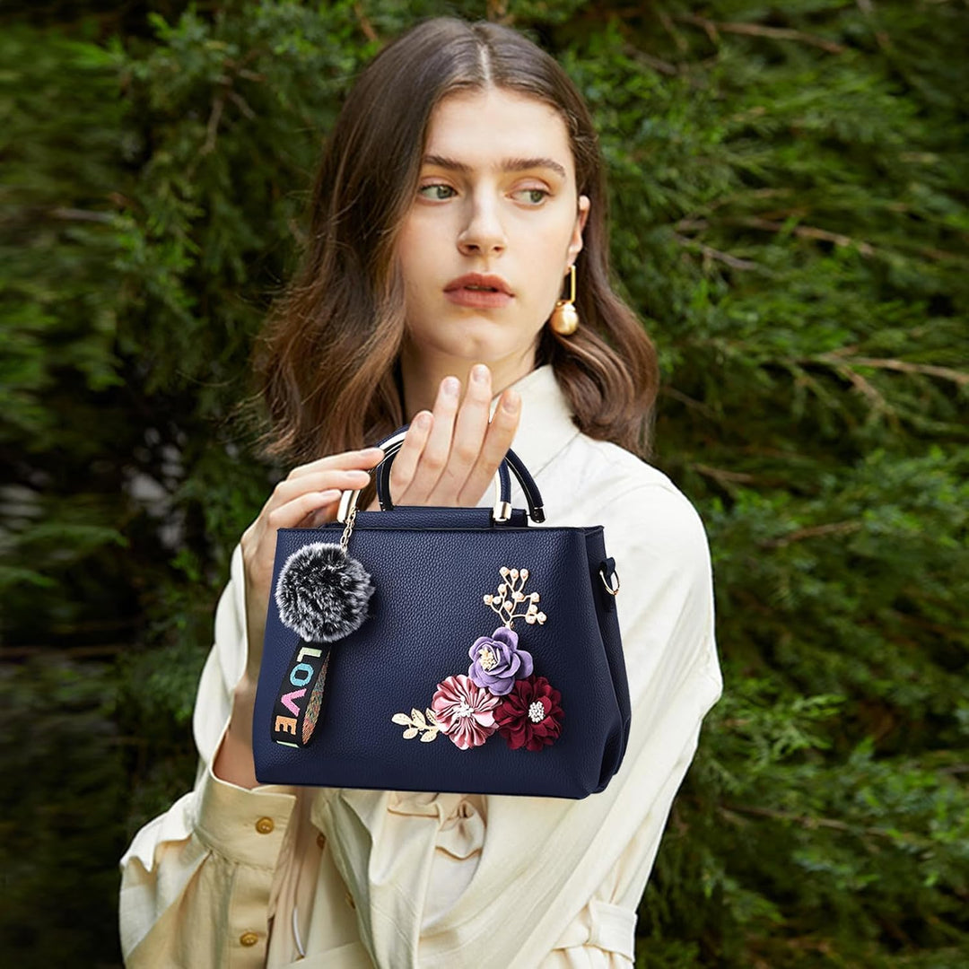 NICOLE &amp; DORIS Damen Leder Handtasche Umhängetaschen mit Blume Jahrgang Griff Tasche Designer Tote G