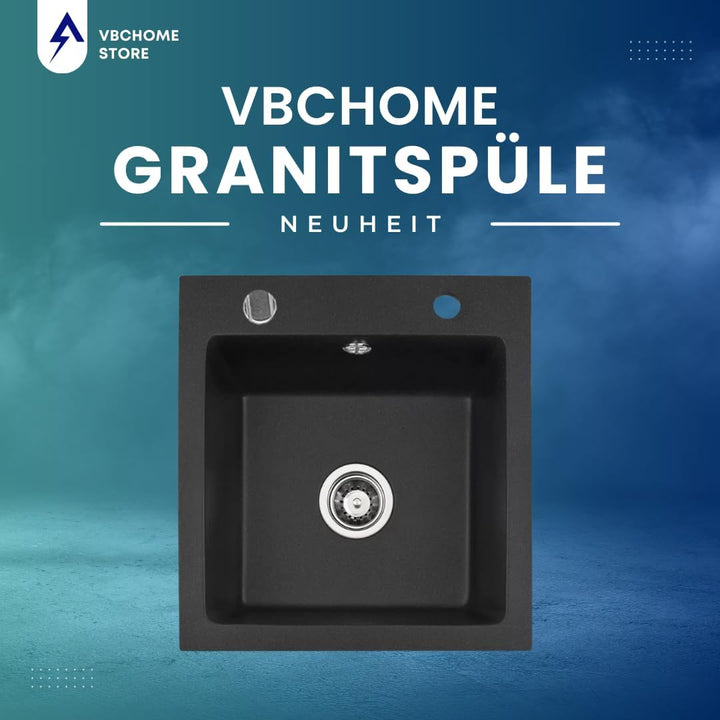 VBChome Granitspüle 50 x 48 cm Schwarz mit Armatur Einzelbecken Einbauspüle Gesprenkelt Pflegeleicht