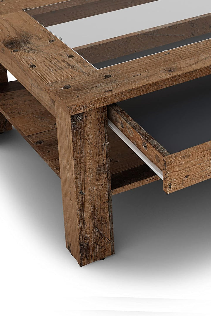 byLIVING Couchtisch Ralph/moderner Sofatisch mit Glaseinlage und grosszügiger Schublade in Old Wood-