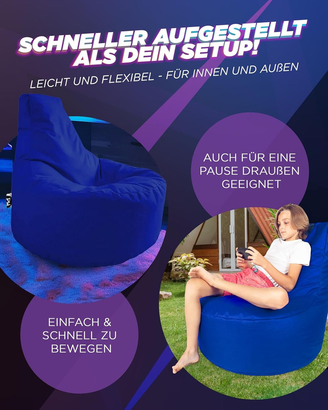 PATCH HOME Gamer Sessel Sitzsack Beanbag in 2 verschiedenen Grössen und 25 XXL - 80cm Durchmesser, 3