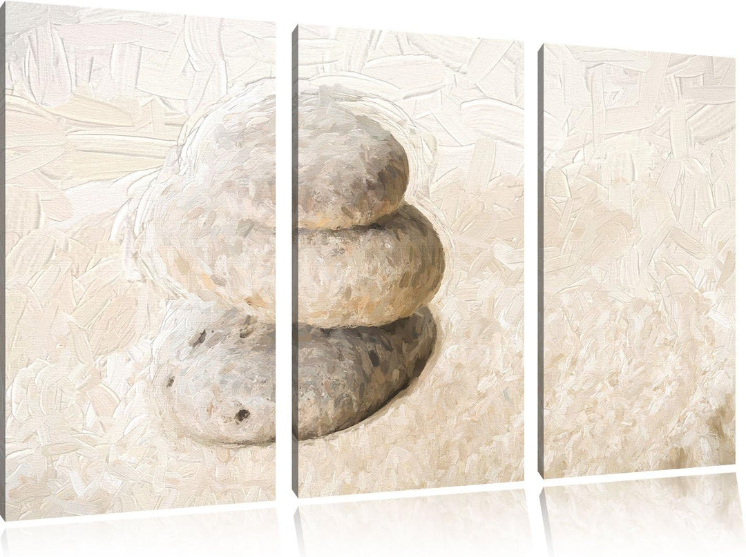 Pixxprint Steine im Sand mit Muster Pinsel Effekt 3-Teiler Leinwandbild 120x80 Bild auf Leinwand