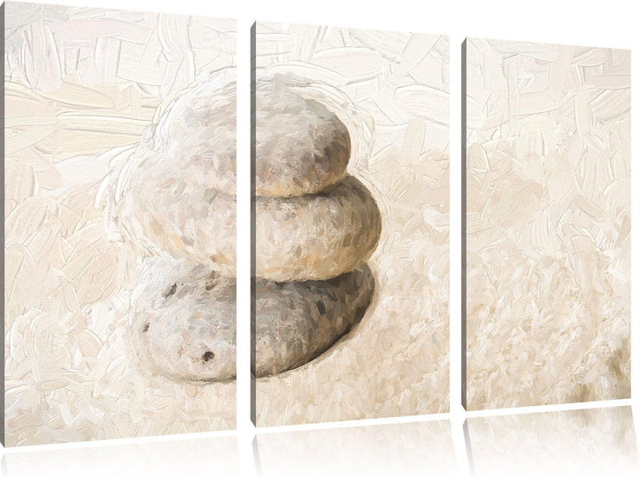 Pixxprint Steine im Sand mit Muster Pinsel Effekt 3-Teiler Leinwandbild 120x80 Bild auf Leinwand