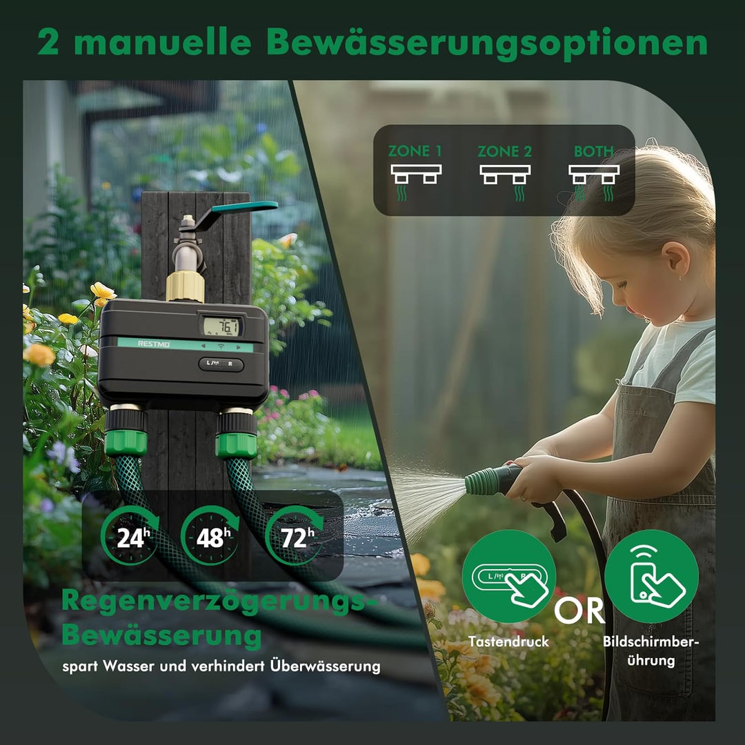 RESTMO 2 Zonen Bewässerungscomputer mit integriertem Bluetooth+Wi-Fi Chip und App-Steuerung, automat