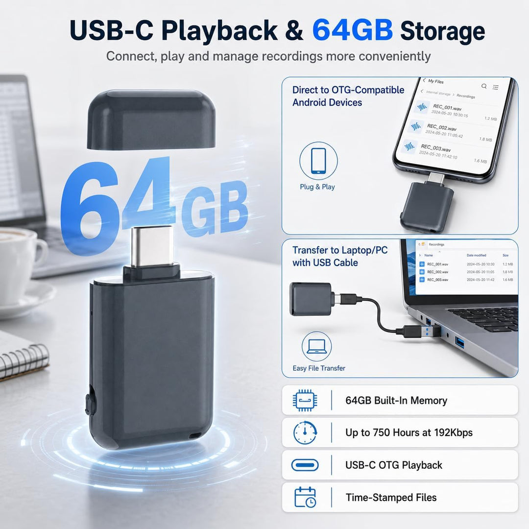 64GB Mini Diktiergerät | DSP Rauschunterdrückung, USB C OTG Wiedergabe, Ein Tasten Aufnahme, Spracha