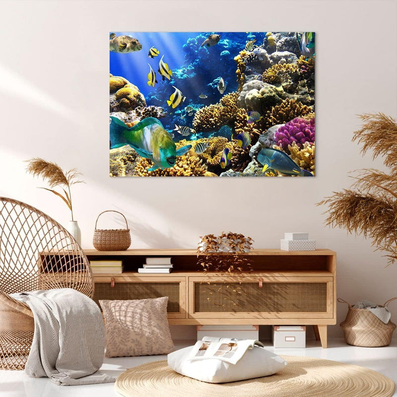 Bilder auf Leinwand 100x70cm Leinwandbild Korallenriff Ozean Krabbe Fisch Gross Wanddeko Bild Schlaf