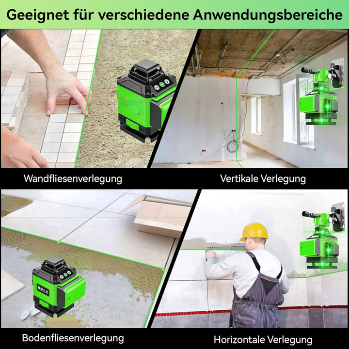 Kreuzlinienlaser mit Stativ, 4x360 Grad Grün Selbstnivellierend Laser Wasserwaage mit 2xBatterien 4D