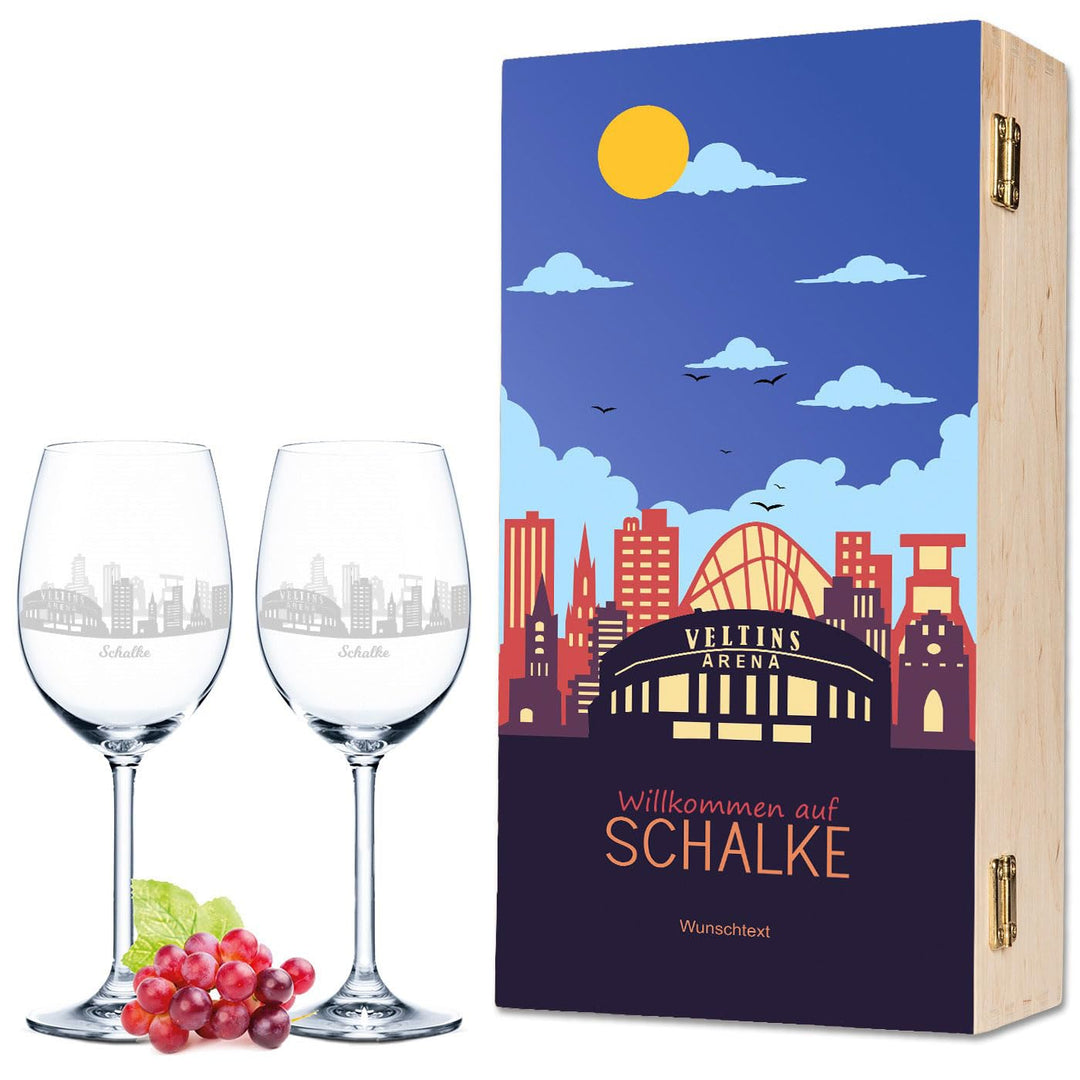 Leonardo Weingläser mit Skyline Schalke Gravur als Set inkl. bedruckter Holzkiste Weingeschenk - Sou
