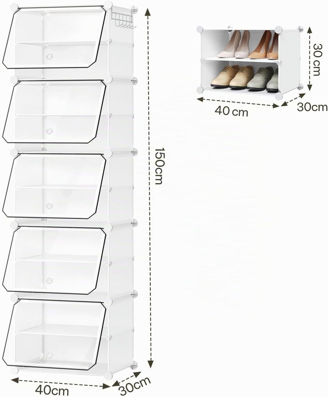 WOLTU Schuhregal, Schuhschrank mit 10 Fächern, Platzsparend, Mit Haken, Schuhablage Kunststoff, für