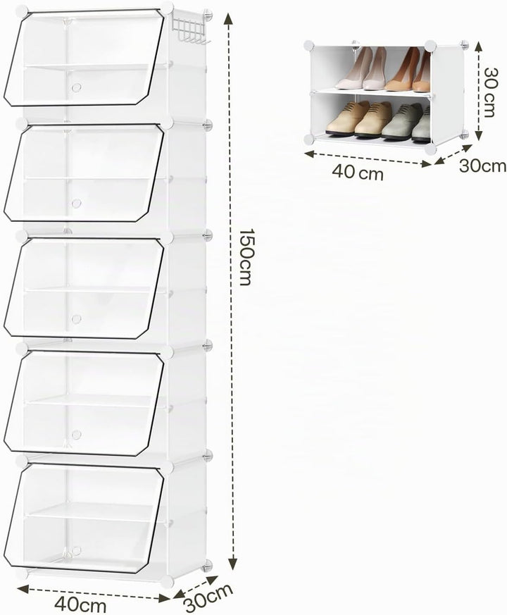 WOLTU Schuhregal, Schuhschrank mit 10 Fächern, Platzsparend, Mit Haken, Schuhablage Kunststoff, für