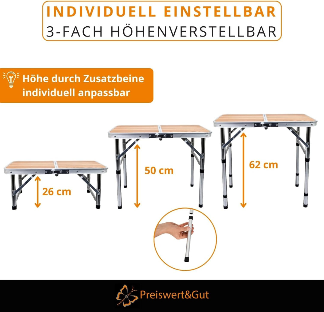 Preiswert & Gut Campingtisch klappbar Höhenverstellbar 26/50/62 cm Camping Tisch faltbar Klein Packm