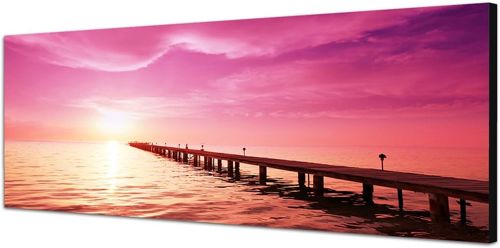 Paul Sinus Art Panoramabild auf Leinwand und Keilrahmen 150x50cm Meer Strand Holzsteg Sonnenuntergan
