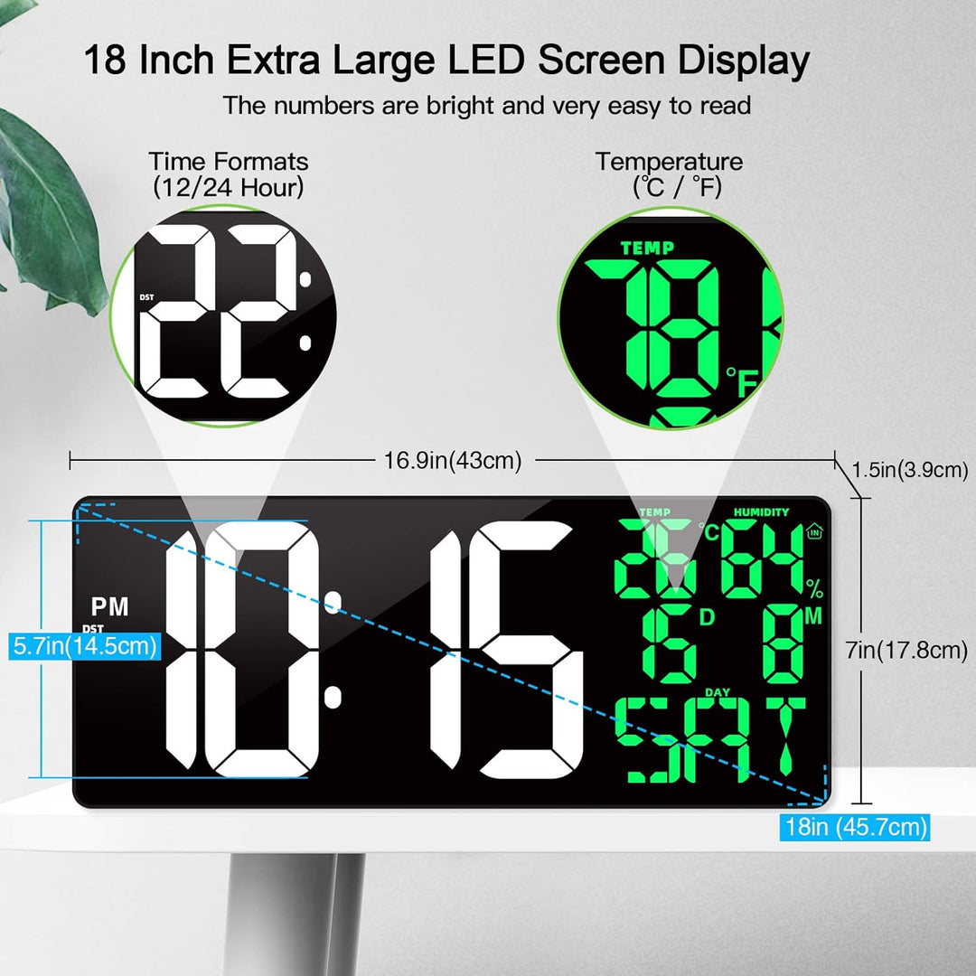 XREXS 18'' grosse Digitale Wanduhr mit Fernbedienung, automatisch dimmbare Digitaluhr mit grossem Di