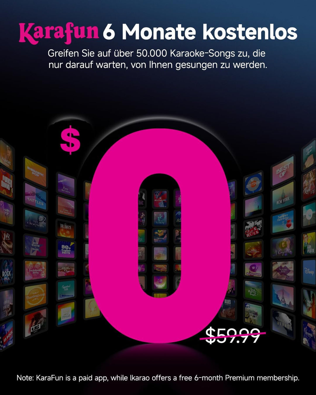 Ikarao Karaoke-Maschine mit integriertem Bildschirmdisplay, Bluetooth, kabellosen Mikrofonen & Party