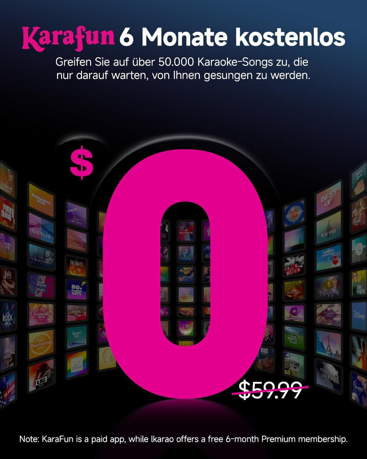 Ikarao Karaoke-Maschine mit integriertem Bildschirmdisplay, Bluetooth, kabellosen Mikrofonen & Party
